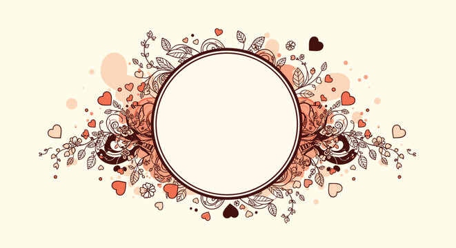Decorative ornate circle frame with scattered hearts and floral elements suggesting romance and celebration.