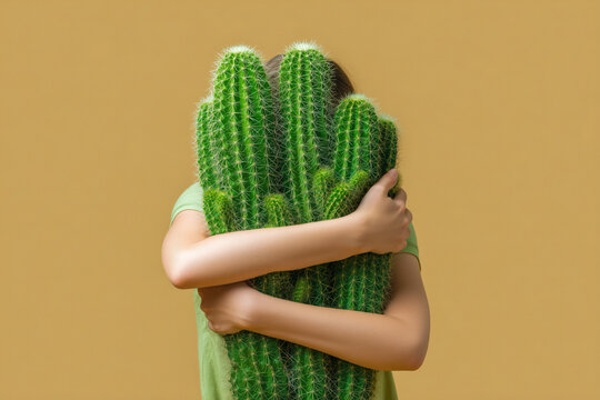 Embrace your inner strength and resilience by hugging a prickly cactus symbolizing personal growth and overcoming challenges with courage