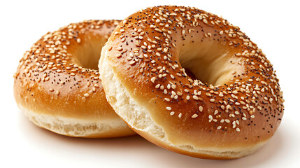 A Toasted Bagel With Sesame Seeds Cut In Half On White Background Breakfast Concept
