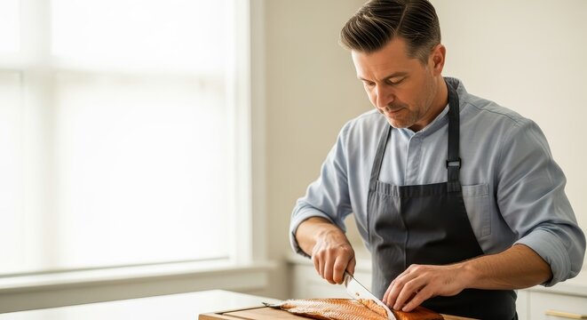 Man slicing smoked fish while standing at kitchen counter indoors  