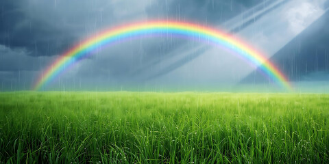 Naklejka premium Rainbow Arching Over Lush Green Field with Sunbeams