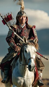 Mongolian Warrior on Horseback: An awe-inspiring image of a Mongolian warrior, resplendent in traditional garb, sits atop a majestic horse, epitomizing strength and valor.