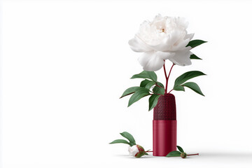 Elegant white peony blooms from a striking crimson microphone, symbolizing creative expression and the beauty of sound in a minimalist setting