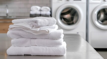 Stack of clean white towels on a countertop with a washing machine in the background. The scene conveys a sense of cleanliness and home care.