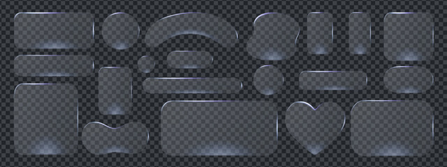 Modern transparent frame with 3d glass button shapes for ui design and morphism style. Glossy interface elements highlight smooth button concept and glass morphism aesthetics.