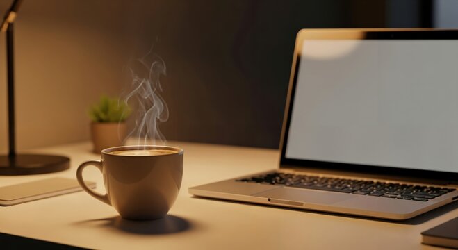 Cozy Workspace with Coffee, Laptop, and Plant for Remote Work Productivity - Powered by Adobe