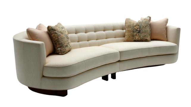 Elegant curved sofa with buttoned back and decorative pillows