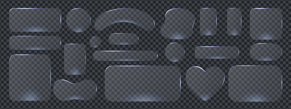 Modern transparent frame with 3d glass button shapes for ui design and morphism style. Glossy interface elements highlight smooth button concept and glass morphism aesthetics.