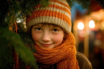 Young child wearing warm knitwear peeks through evergreen branches with festive lights in the background