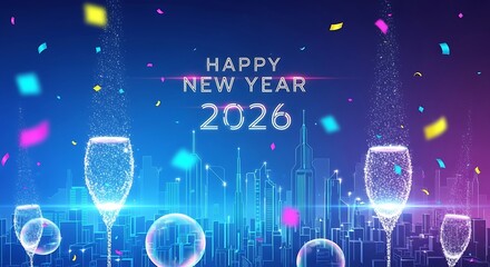 Happy new year 2026 celebration with champagne glasses and cityscape at night with confetti