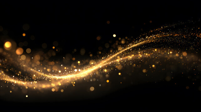 Golden sparkle wave in motion with glowing particles. Elegant bright abstract flow on black background.