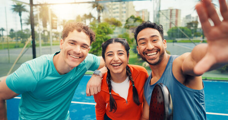 Fitness, portrait or team in tennis court with selfie, friends or digital memory of padel game. Happy, POV or people outdoor with bat, training support or moment capture for social media post.