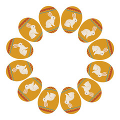 Easter festive round frame with eggs with bunnies and spring flowers. Simple vector design is perfect for Easter holidays. Flat vector illustration.