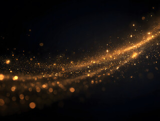 Soft golden glitter dust, light bokeh. Elegant shimmering abstract black background.