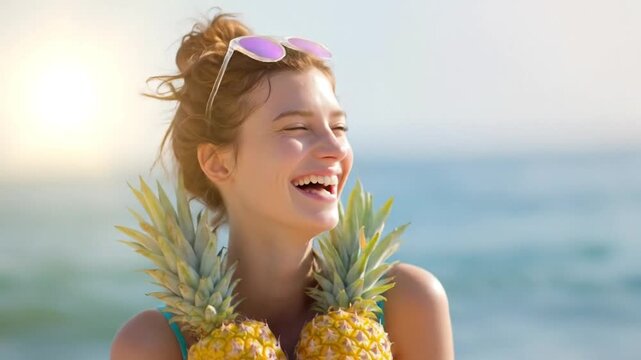 A radiant young woman exudes pure happiness with a wide, joyful laugh on a sun-drenched day. She playfully holds two fresh pineapples in front of her, creating a whimsical and vibrant tropical aesthet