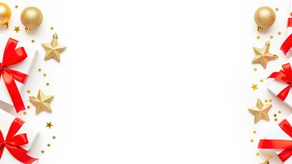 Festive christmas presents with red ribbons and golden ornaments