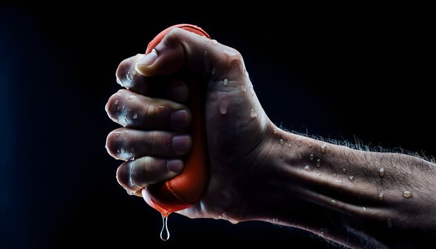 Close up of hand squeezing orange with water droplets for health and wellness concept art