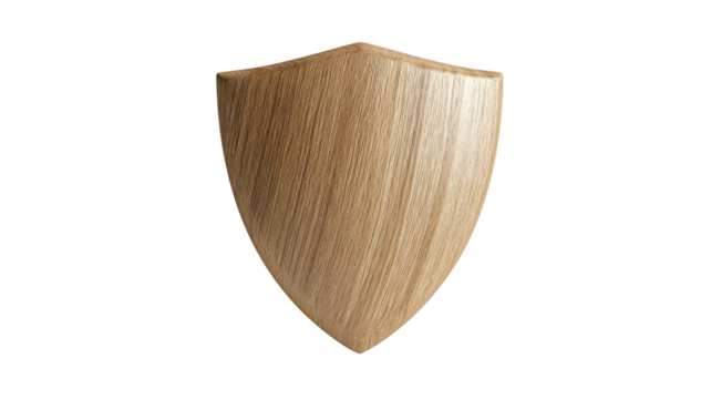 Wood-grain shield, centered, light brown, isolated on black background - Powered by Adobe