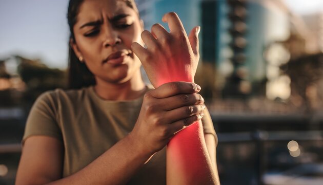 Wrist pain woman holding her wrist suffering from carpal tunnel syndrome or arthritis pain relief