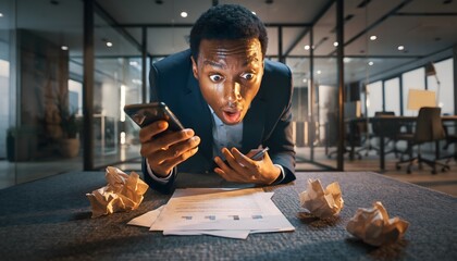 Shocked businessman looking at phone bad news financial loss office crumpled paper failure stress