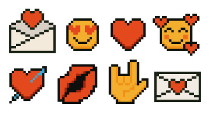 Set of colorful pixel art love icons in retro 8 bit style isolated on white background. Includes hearts, love letters, smiling emojis, kisses and affectionate hand symbols. Perfect for Valentines Day