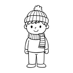 Dibujo sencillo con líneas de niño simpático de pie con ropa de invierno 