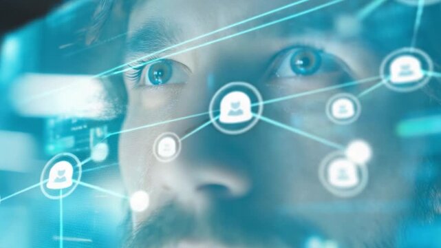 Network Focus: A person with deep gaze observing interconnected digital nodes representing social connections, and the essence of communication 