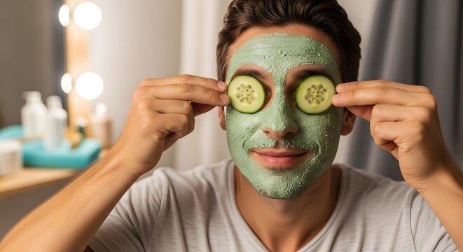 Man applying green face mask with cucumber slices on his eyes in front of a vanity mirror - Powered by Adobe