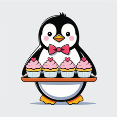 a penguin wearing a bow tie carrying a tray of pink cupcakes with heart toppings
