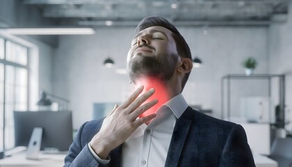 Man with sore throat pain touching neck office business professional health care concept