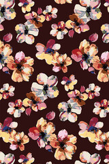 Abstract solid vector textile design, arrangement with a medium monochrome hibiscus silhouette flowers, all-over seamless pattern with red and orange tone illustration, digital image printing factory