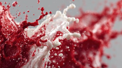 Dynamic splash of fluids featuring red and white colors, creating a visually striking and abstract composition, liquid motion in bright light