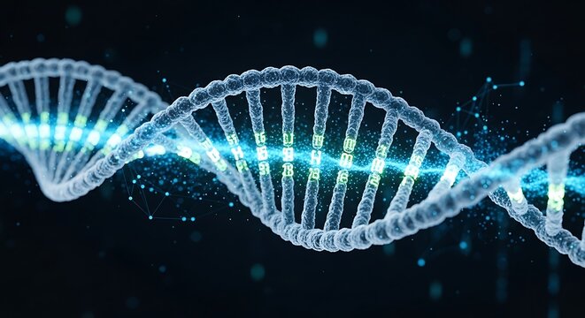 Explore advanced DNA structure with luminous digital code showcasing medical research and genetic breakthroughs for innovative science and technology solutions today