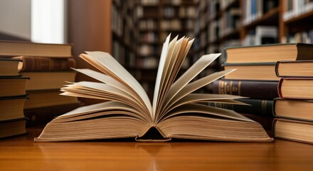 Obraz premium Open Book on Wooden Table Surrounded by Stacked Books in a Library Setting for Study and Learning