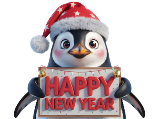 Cute cartoon penguin wearing a santa hat holding a sign that says happy new year