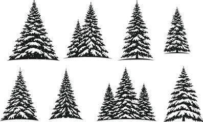 Snow-covered pine tree silhouettes set in winter forest style, black and white vector illustration for seasonal, holiday, and nature design.