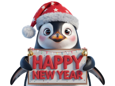 Cute cartoon penguin wearing a santa hat holding a sign that says happy new year
