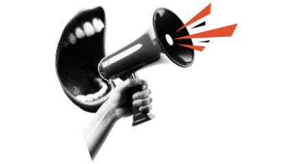 mouth shouting megaphone, loud voice amplification, expressive protest message, mouth shouting megaphone, loud voice amplification, expressive protest message, open mouth yelling, hand holding megapho