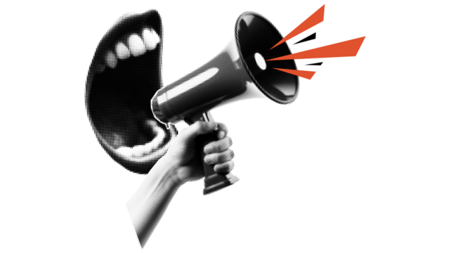 mouth shouting megaphone, loud voice amplification, expressive protest message, mouth shouting megaphone, loud voice amplification, expressive protest message, open mouth yelling, hand holding megapho