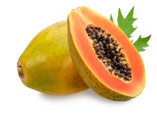 Papaya and half of papaya with orange juicy flesh and black seeds on white background. File contains clipping path.