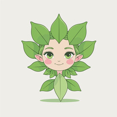 a small green leaf nymph with heart petals and a shy smile