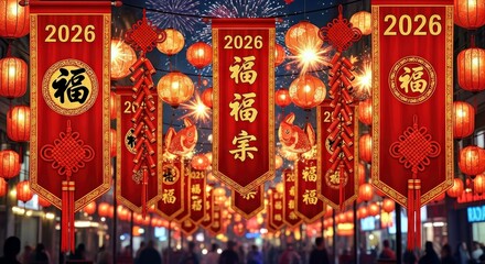 Traditional Chinese New Year Decorations 2026 with Lanterns Fireworks and Blessings Scene
