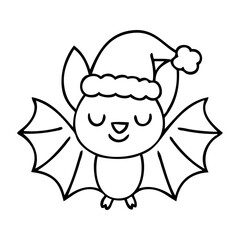 Dibujo sencillo con líneas de murciélago simpático con sombrero de Santa Claus para tarjetas y felicitaciones de Navidad
