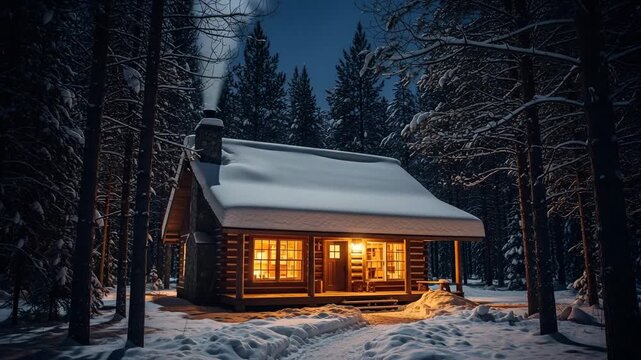 Illuminated log cabin isolated snowy forest night full moon winter peaceful cozy warm lights wooden chimney smoke pine trees scenic wilderness retreat remote


