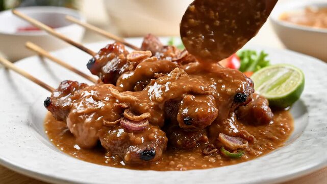 Pouring Sauce on Grilled Chicken Satay Skewers