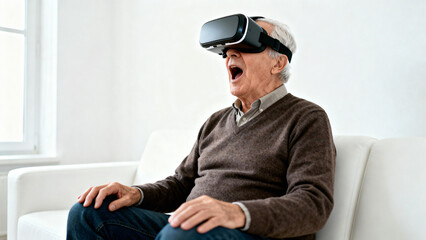 Elderly Man Experiencing Virtual Reality Excitement with VR Headset on Couch