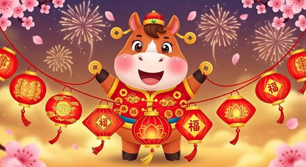 Naklejka premium Cute Cartoon Horse Celebrating Chinese New Year with Red Lanterns and Fireworks Display