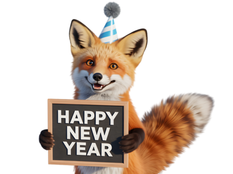 A cute fox wearing a party hat and holding a sign that says happy new year