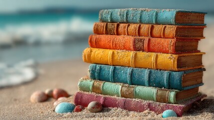 Stack of vibrant books resting on a sandy beach near the Ocean, perfect for summer reading or relaxation, a colorful collection by the Sea