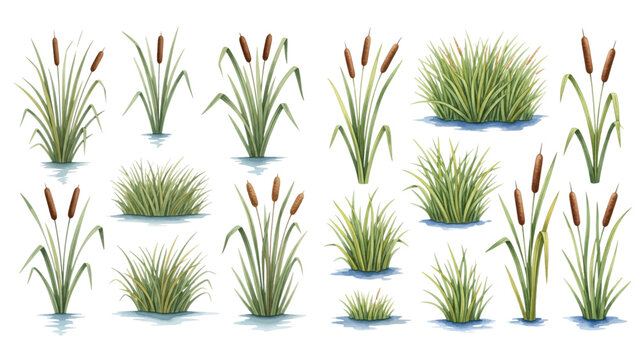 A collection of realistic watercolor illustrations depicting various cattails, reeds, and wetland grasses growing in water, isolated on a transparent background.